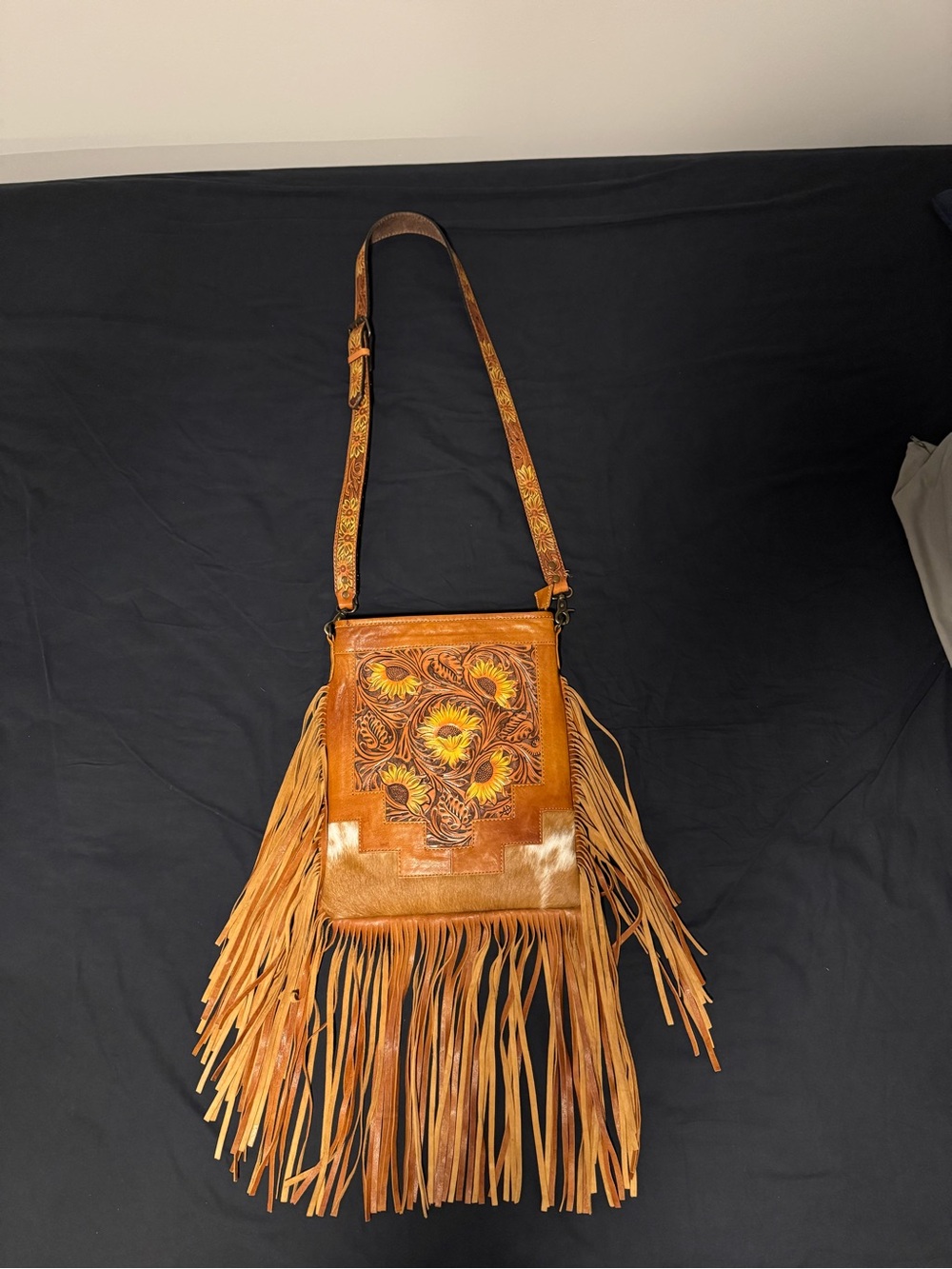 American Darling Hand-Tooled Fringe Crossbody Bag - Tan with Yellow Accents
